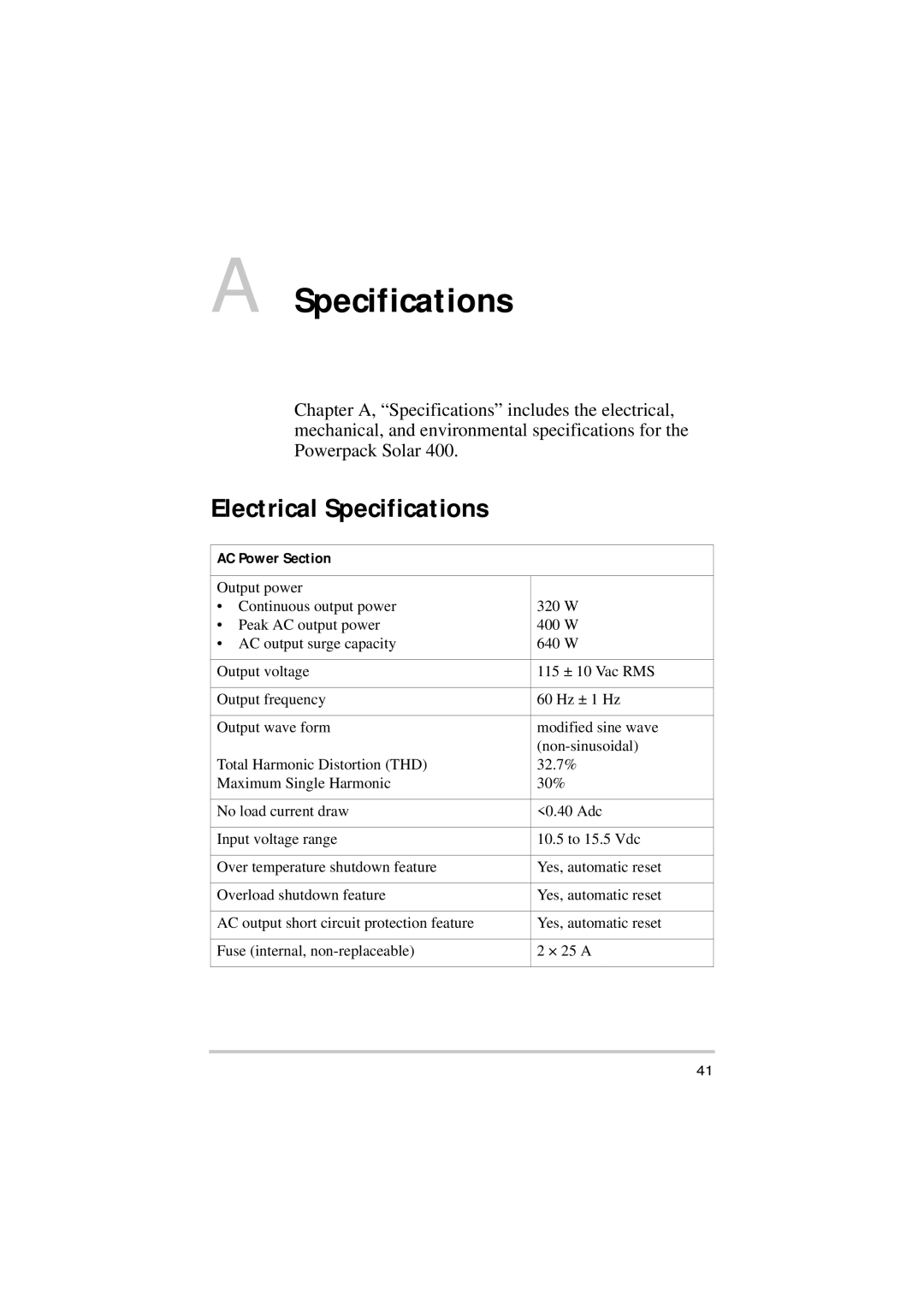 Xantrex Technology Solar 400 manual Electrical Specifications 