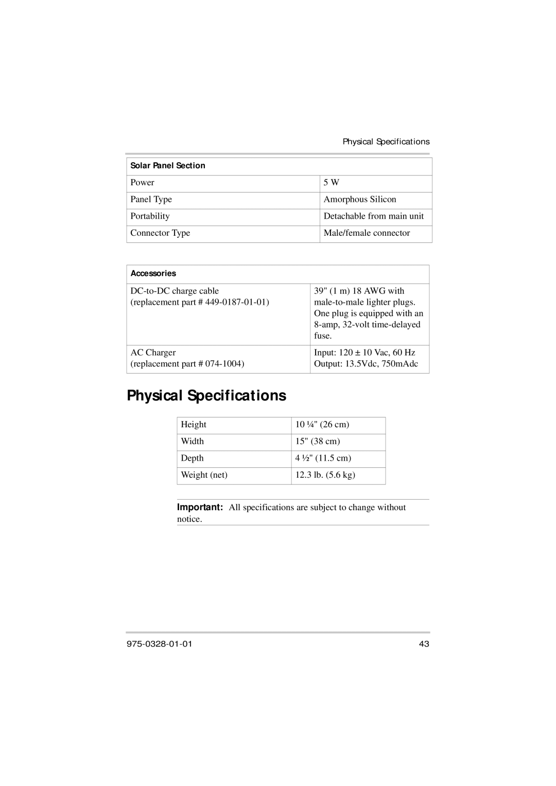 Xantrex Technology Solar 400 manual Physical Specifications, Solar Panel Section 