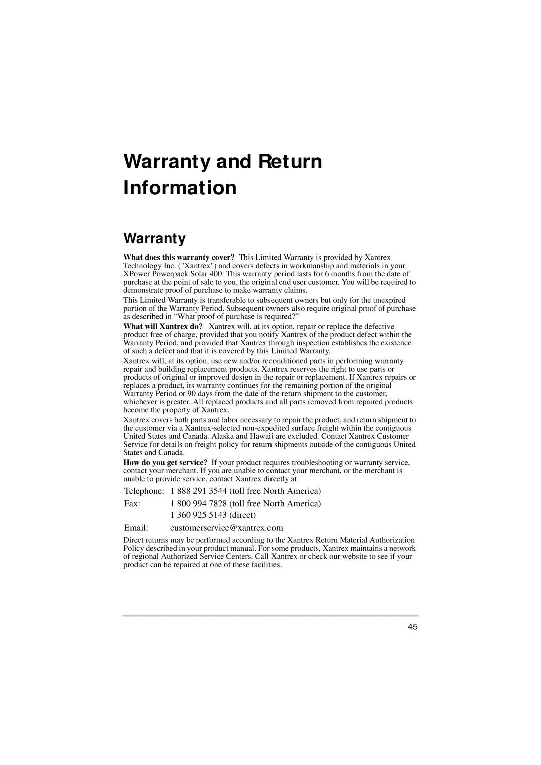 Xantrex Technology Solar 400 manual Warranty and Return Information 