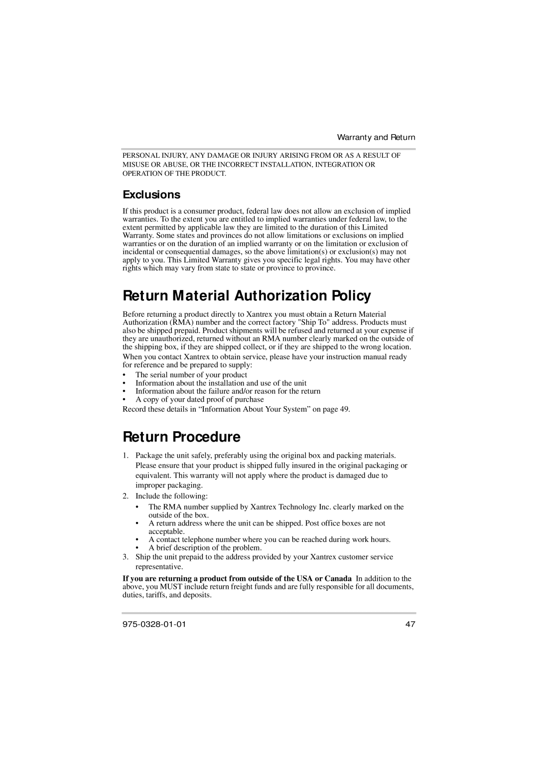 Xantrex Technology Solar 400 manual Return Material Authorization Policy, Return Procedure, Exclusions 