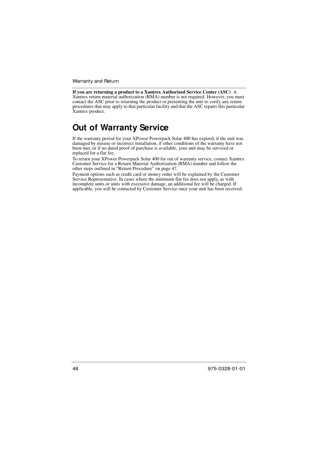 Xantrex Technology Solar 400 manual Out of Warranty Service 