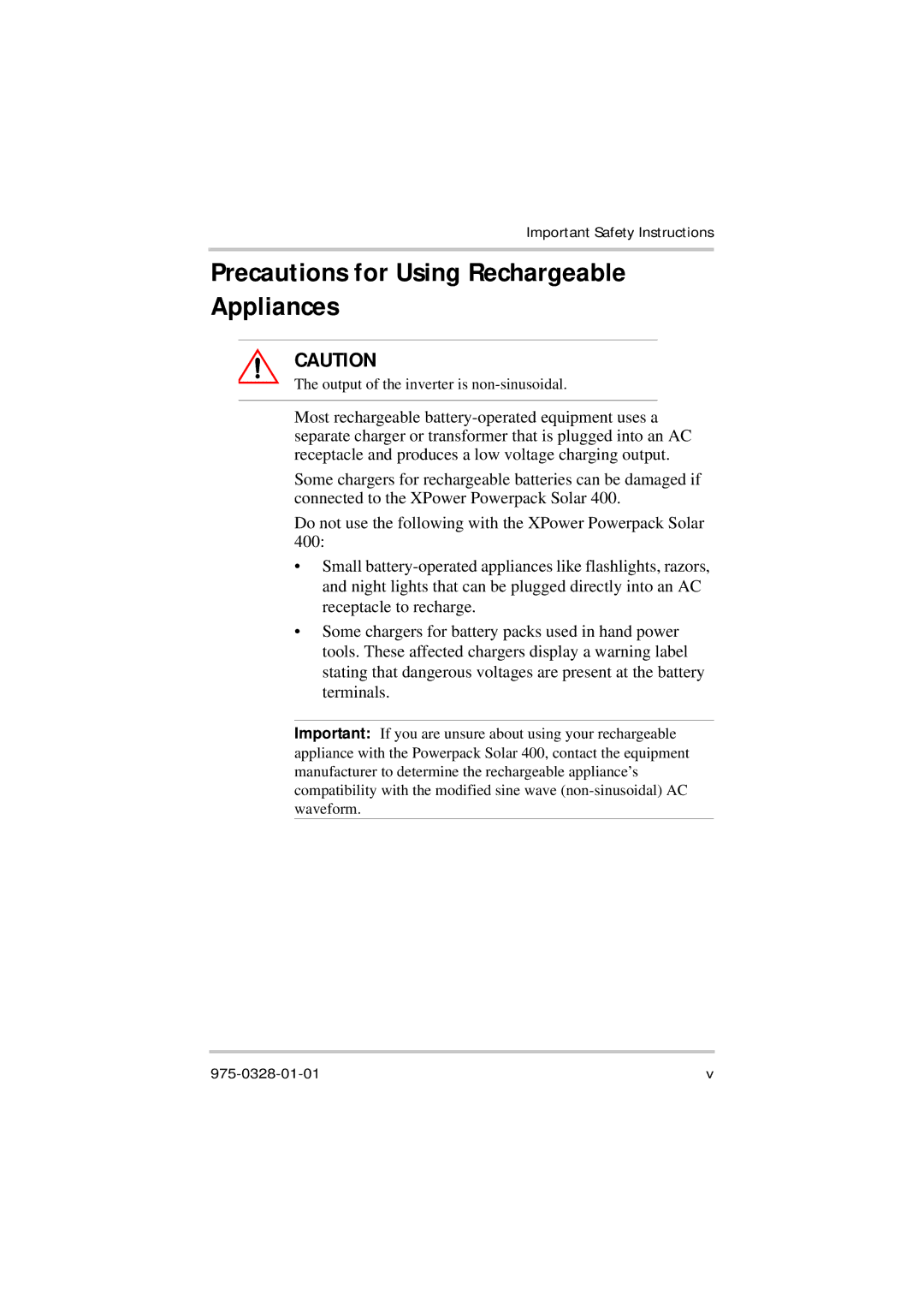 Xantrex Technology Solar 400 manual Precautions for Using Rechargeable Appliances 