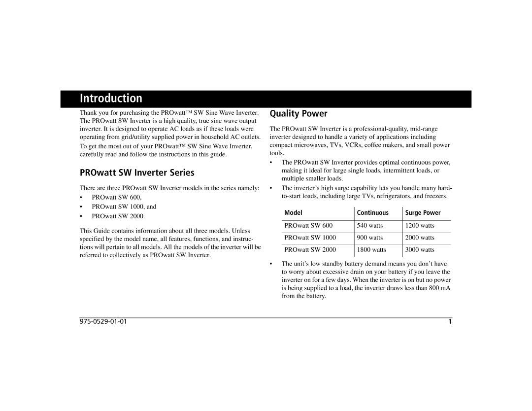Xantrex Technology SW 2000, SW 1000 Introduction, PROwatt SW Inverter Series, Quality Power, Model Continuous Surge Power 