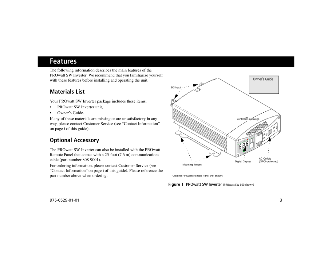 Xantrex Technology SW 600, SW 1000, SW 2000 manual Features, Materials List, Optional Accessory 