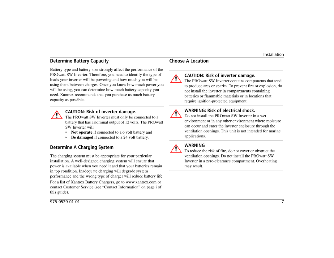 Xantrex Technology SW 2000, SW 1000, SW 600 manual Determine Battery Capacity, Choose a Location, Determine a Charging System 