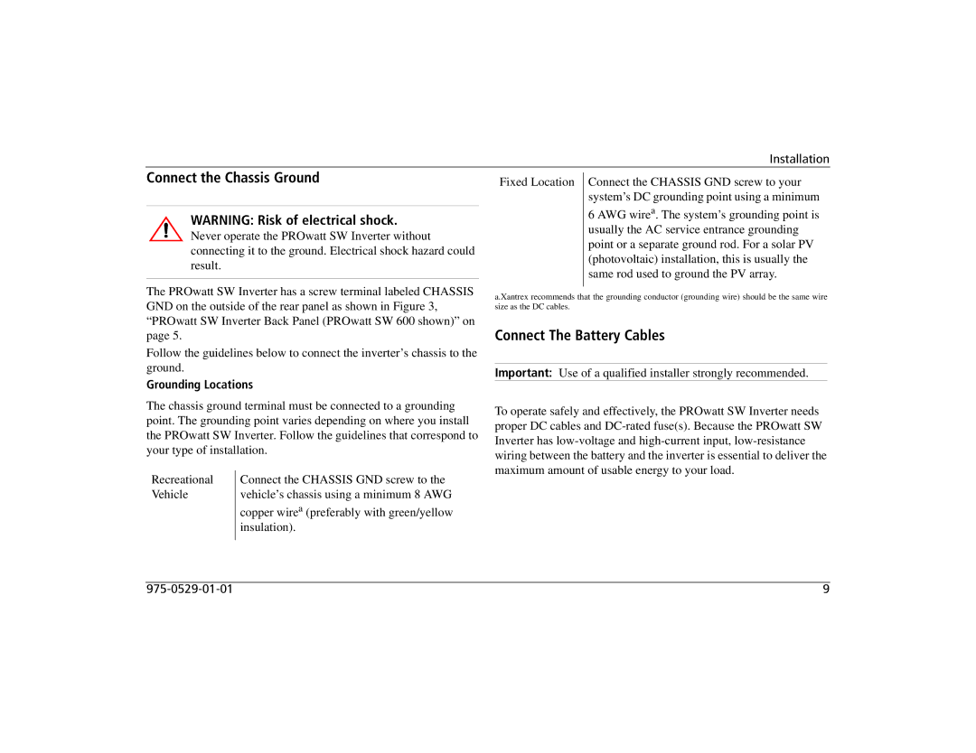 Xantrex Technology SW 600, SW 1000, SW 2000 Connect the Chassis Ground, Connect The Battery Cables, Grounding Locations 