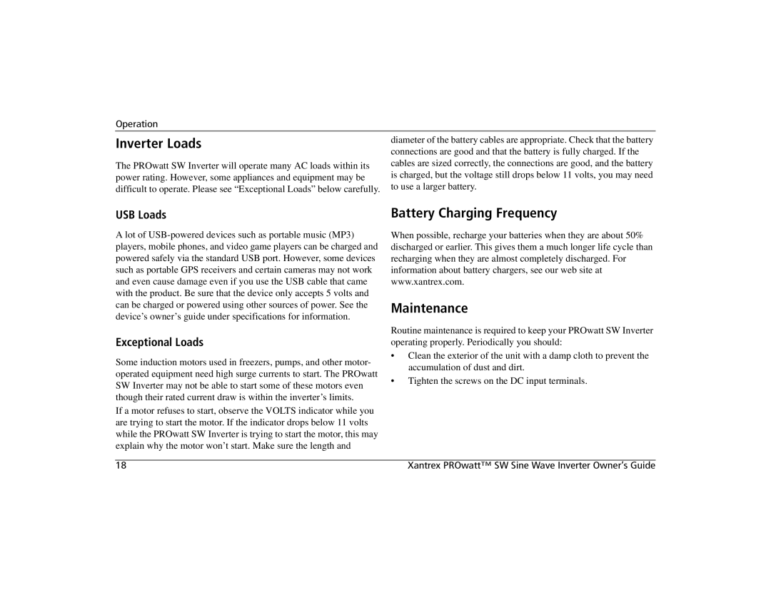 Xantrex Technology SW 600, SW 1000 Inverter Loads, Battery Charging Frequency Maintenance, USB Loads, Exceptional Loads 