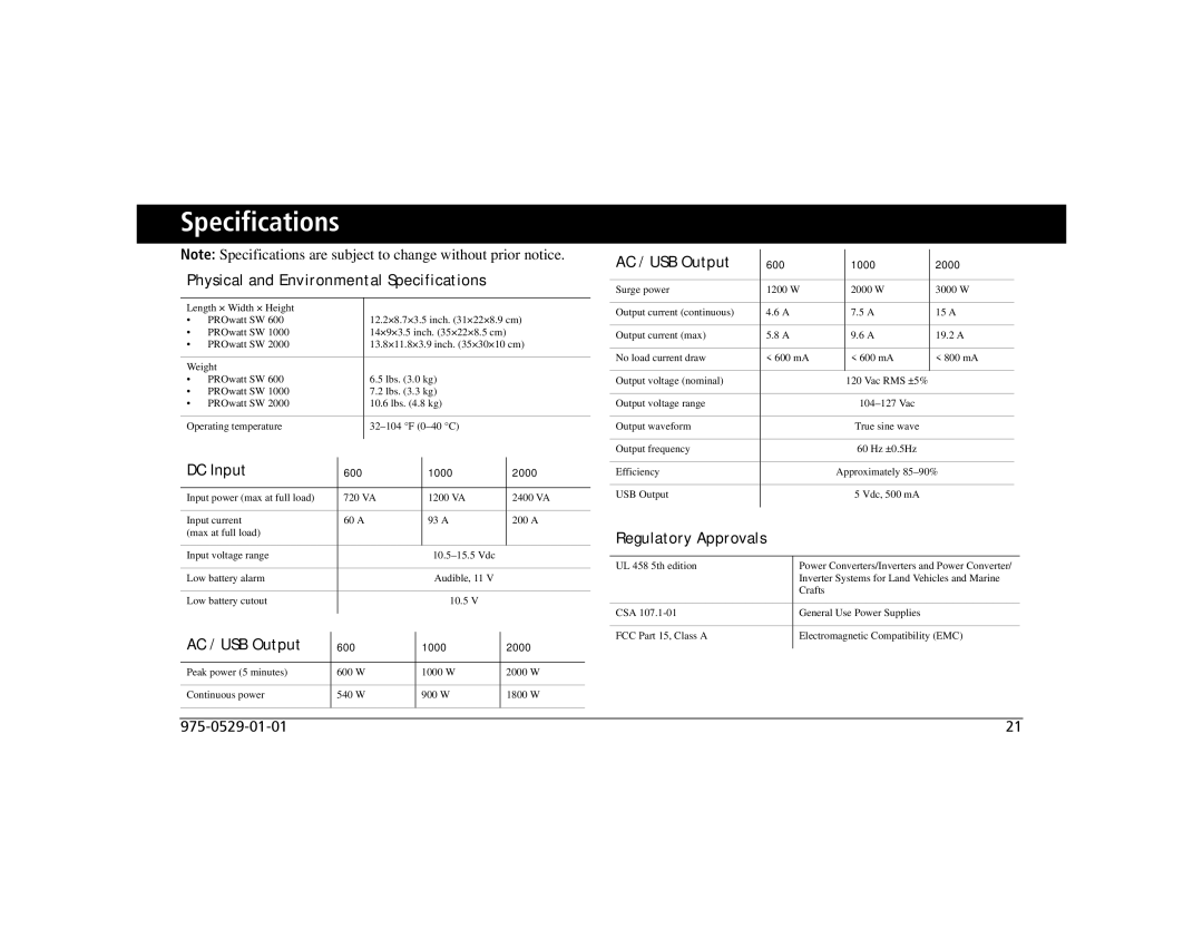 Xantrex Technology SW 600, SW 1000, SW 2000 manual Physical and Environmental Specifications 