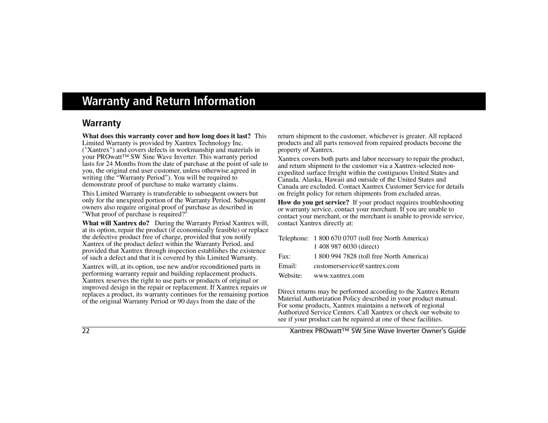 Xantrex Technology SW 2000, SW 1000, SW 600 manual Warranty and Return Information 