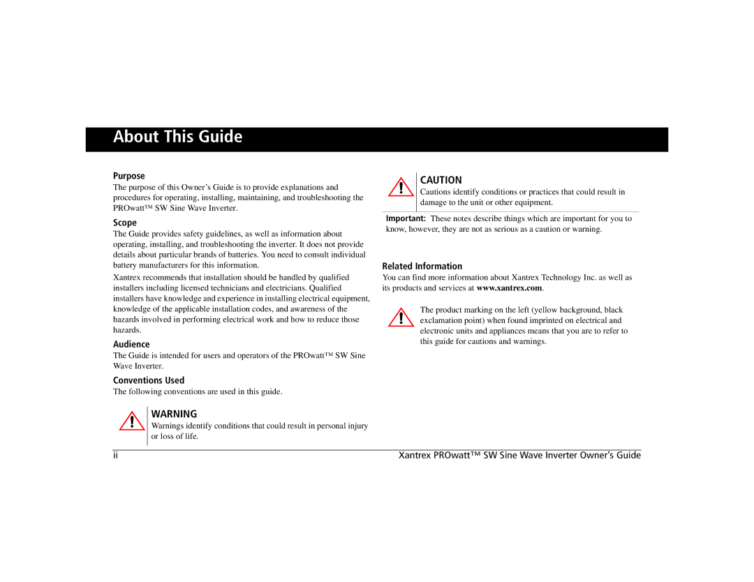 Xantrex Technology SW 600, SW 1000, SW 2000 manual About This Guide 