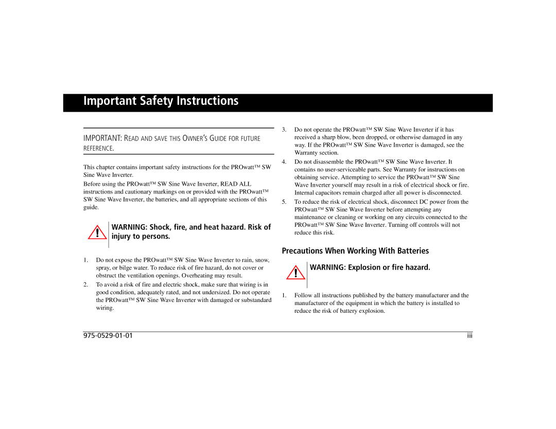 Xantrex Technology SW 2000, SW 1000, SW 600 manual Important Safety Instructions, Precautions When Working With Batteries 