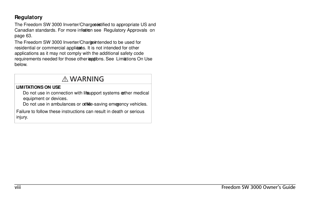 Xantrex Technology SW 3000 user service Regulatory, Limitations on USE 