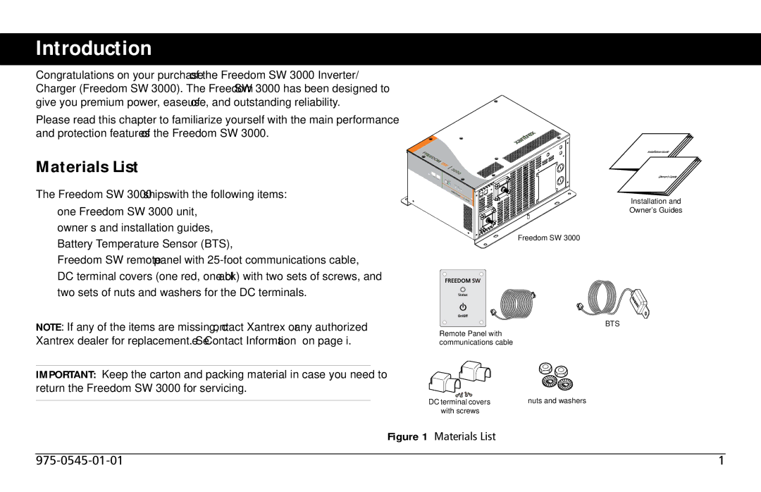 Xantrex Technology SW 3000 user service Introduction, Materials List 