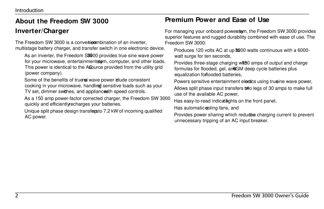 Xantrex Technology SW 3000 user service About the Freedom SW Inverter/Charger, Premium Power and Ease of Use 