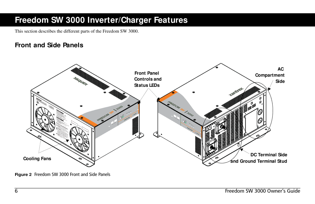 Xantrex Technology Freedom SW 3000 Inverter/Charger Features, Front and Side Panels, Front Panel Controls Status LEDs 