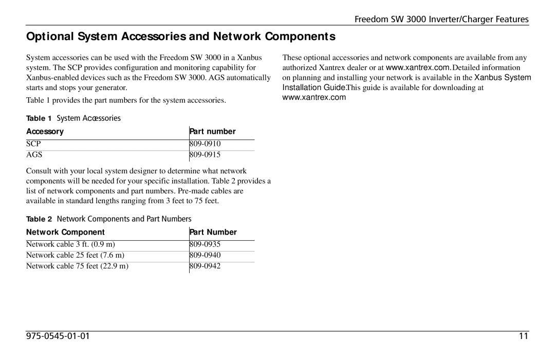 Xantrex Technology SW 3000 user service Optional System Accessories and Network Components, Accessory 