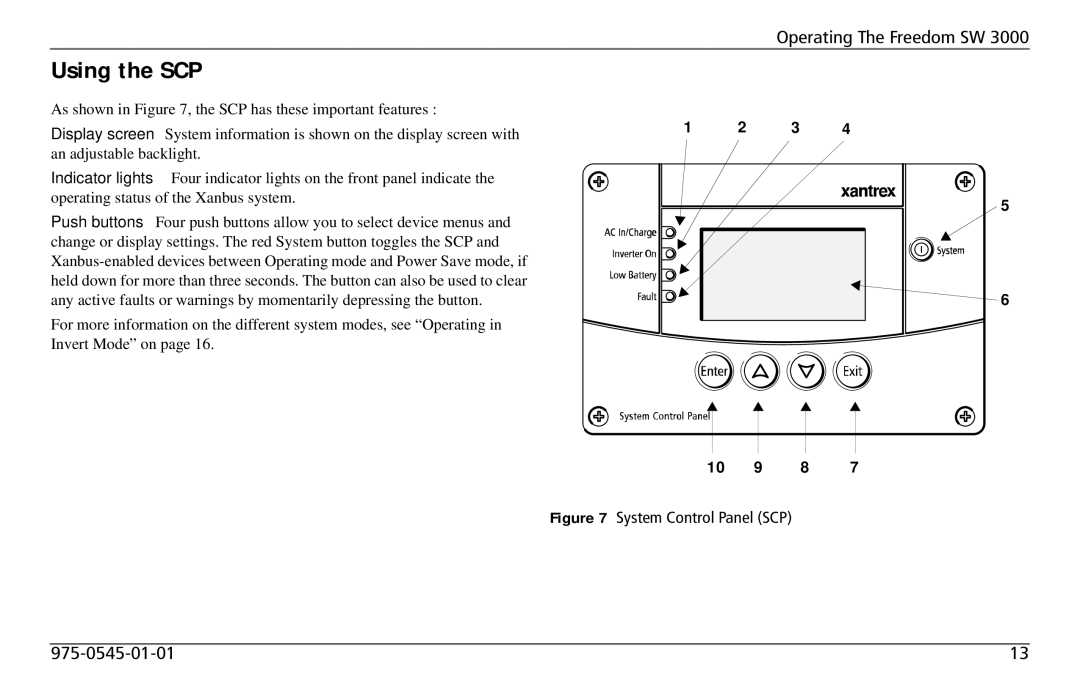 Xantrex Technology SW 3000 user service Using the SCP, 10 9 8 