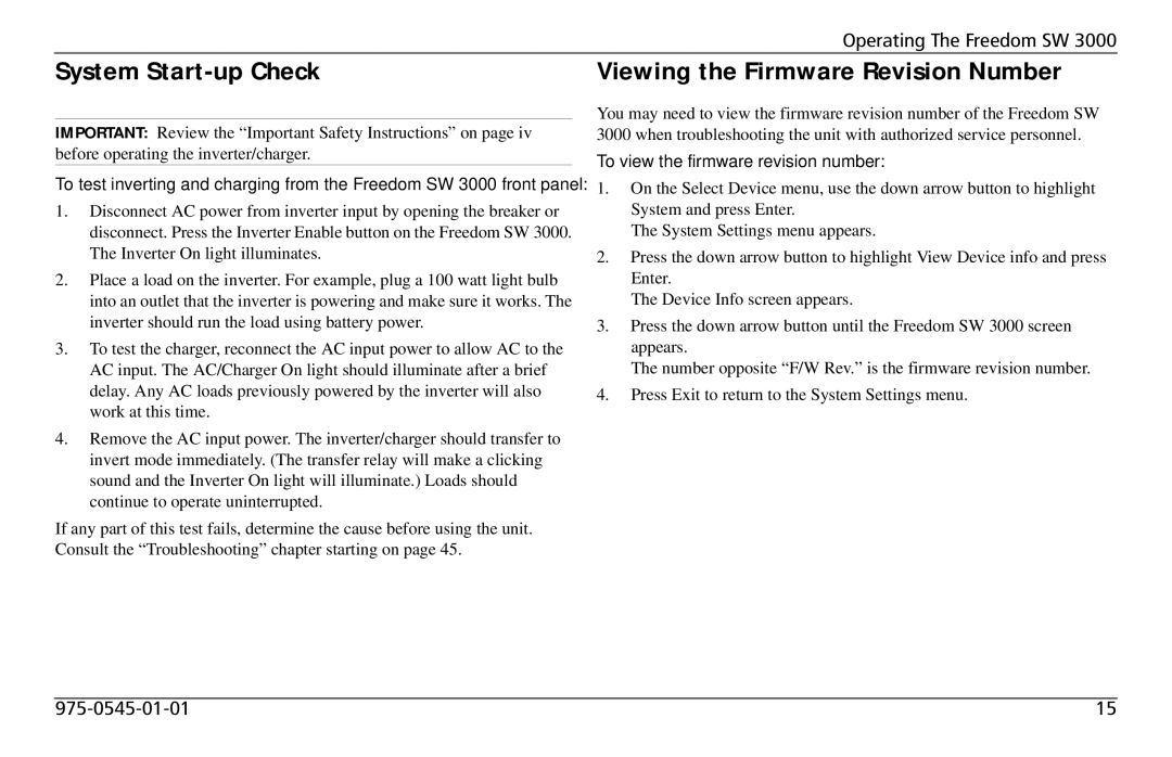 Xantrex Technology SW 3000 user service System Start-up Check Viewing the Firmware Revision Number 