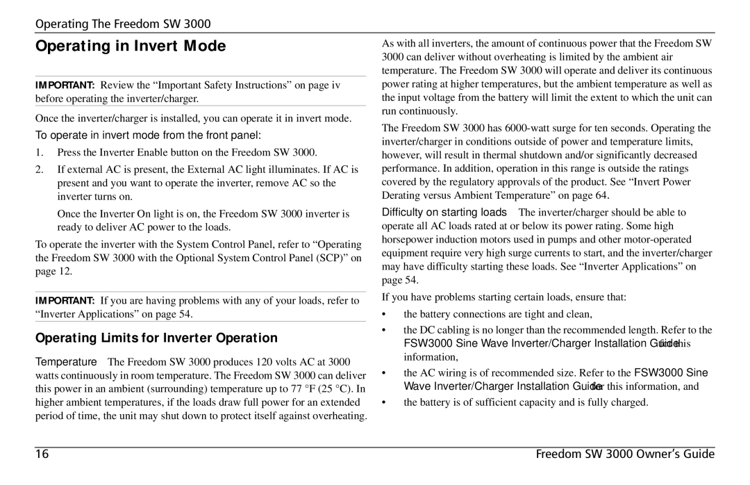 Xantrex Technology SW 3000 user service Operating in Invert Mode, Operating Limits for Inverter Operation 