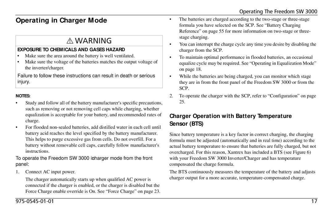 Xantrex Technology SW 3000 user service Operating in Charger Mode, Charger Operation with Battery Temperature Sensor BTS 