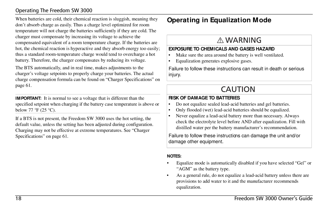 Xantrex Technology SW 3000 user service Operating in Equalization Mode, Risk of Damage to Batteries 