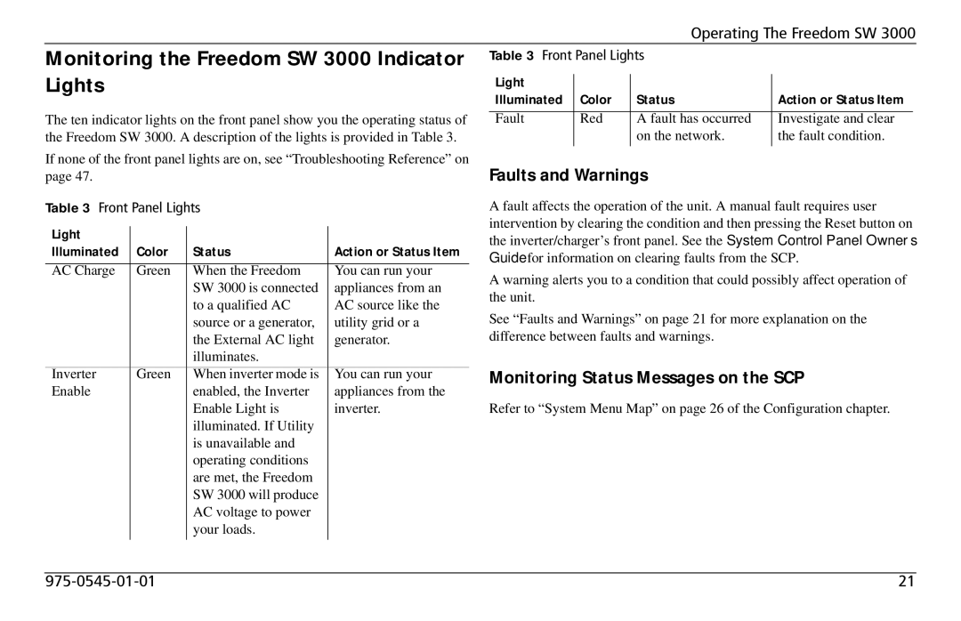 Xantrex Technology user service Monitoring the Freedom SW 3000 Indicator Lights, Faults and Warnings 