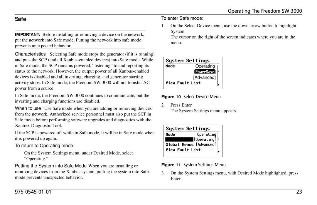 Xantrex Technology SW 3000 user service Safe, To return to Operating mode 