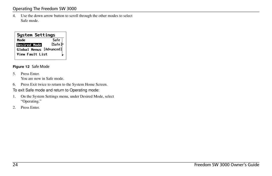 Xantrex Technology SW 3000 user service Safe Mode, To exit Safe mode and return to Operating mode 