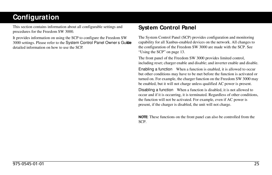 Xantrex Technology SW 3000 user service Configuration, System Control Panel 