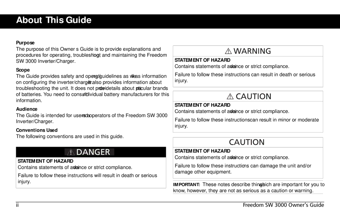 Xantrex Technology SW 3000 user service About This Guide, Statement of Hazard 