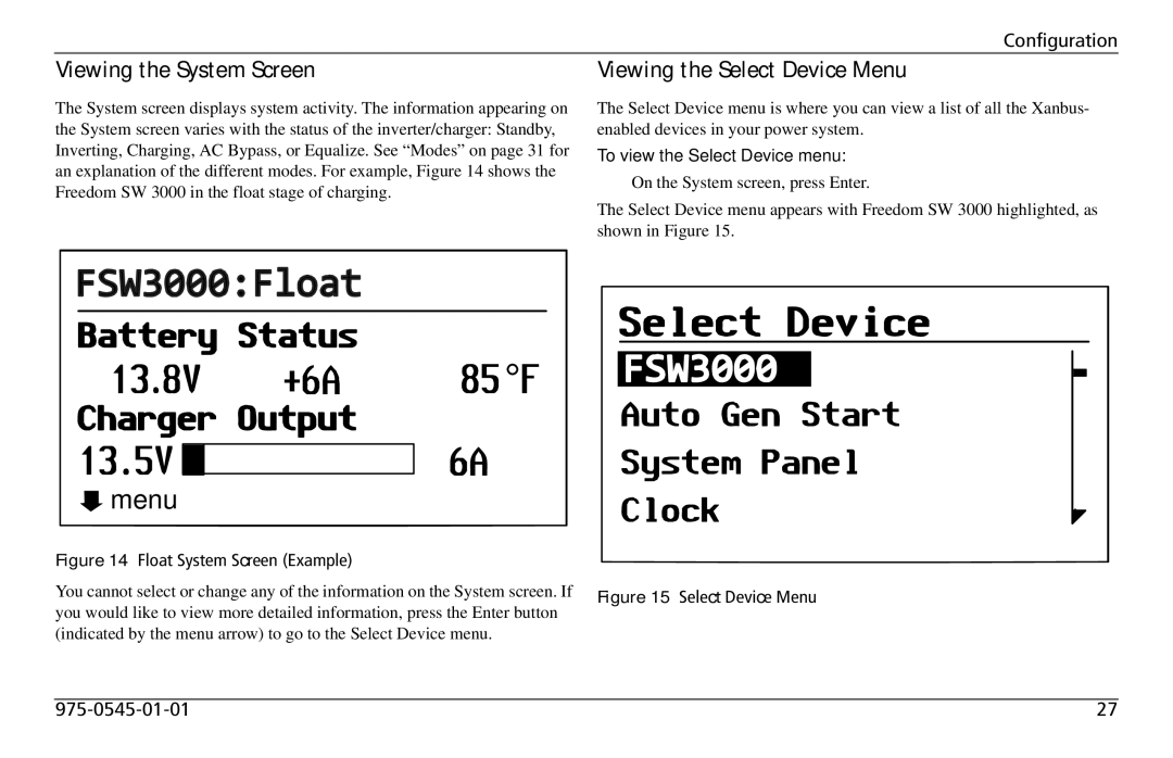 Xantrex Technology SW 3000 Viewing the System Screen, Viewing the Select Device Menu, To view the Select Device menu 