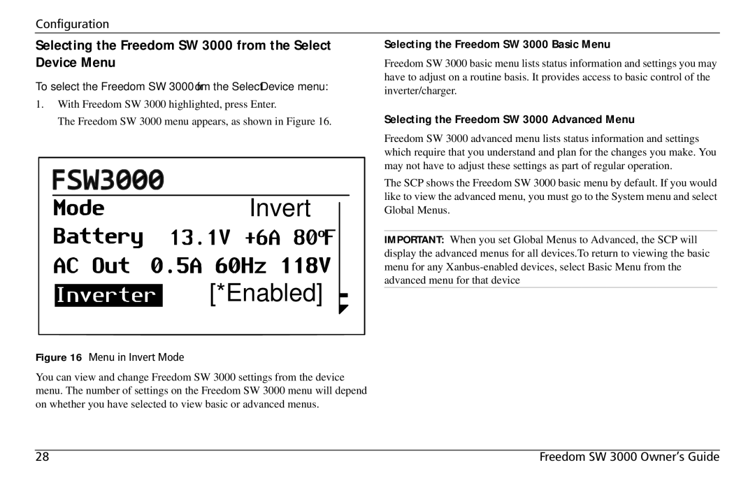 Xantrex Technology Selecting the Freedom SW 3000 from the Select Device Menu, Selecting the Freedom SW 3000 Basic Menu 