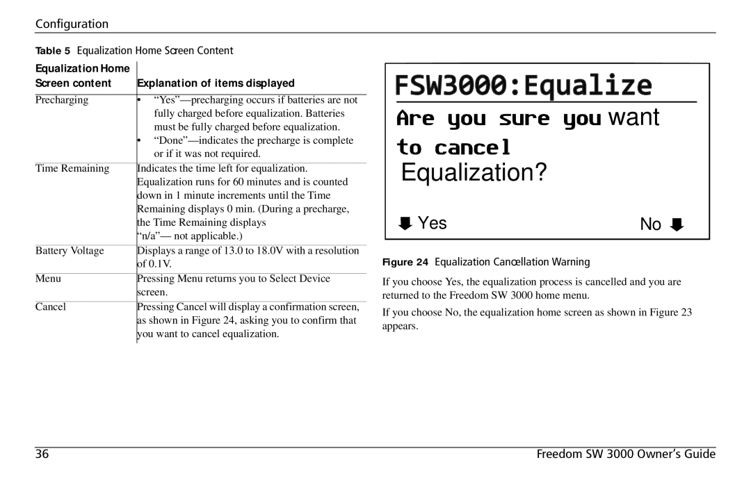 Xantrex Technology SW 3000 user service Want Equalization?, Screen content Explanation of items displayed 