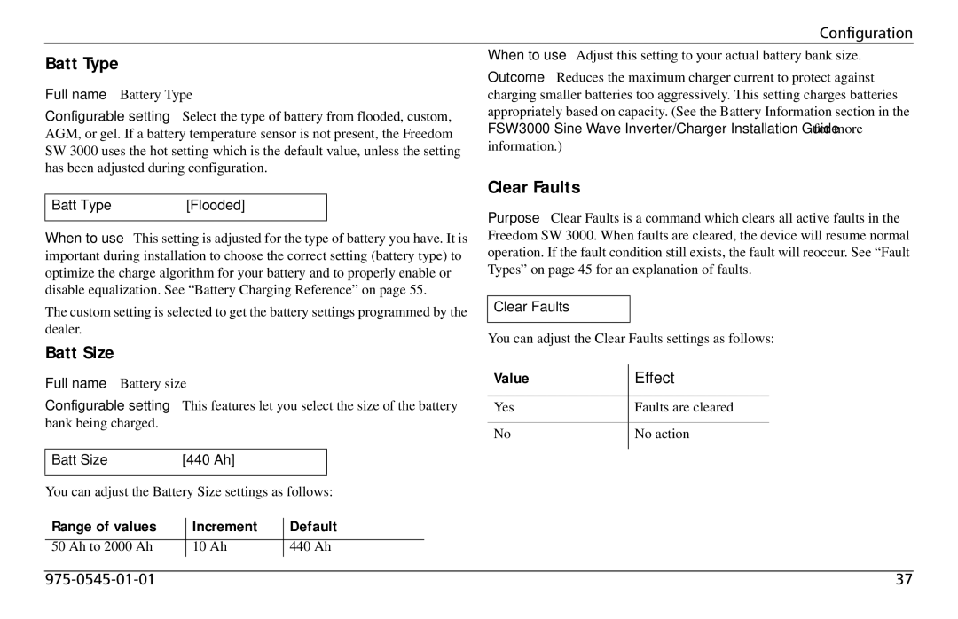 Xantrex Technology SW 3000 user service Batt Type, Batt Size, Clear Faults, Range of values Increment Default, Value 