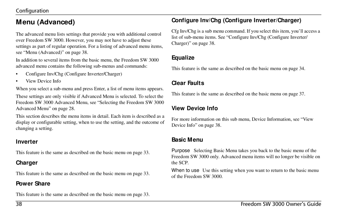 Xantrex Technology SW 3000 Menu Advanced, Configure Inv/Chg Configure Inverter/Charger, View Device Info, Basic Menu 