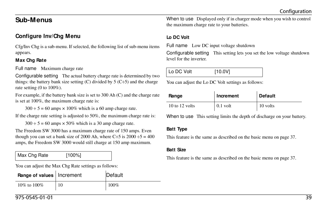 Xantrex Technology SW 3000 user service Sub-Menus, Configure Inv/Chg Menu 