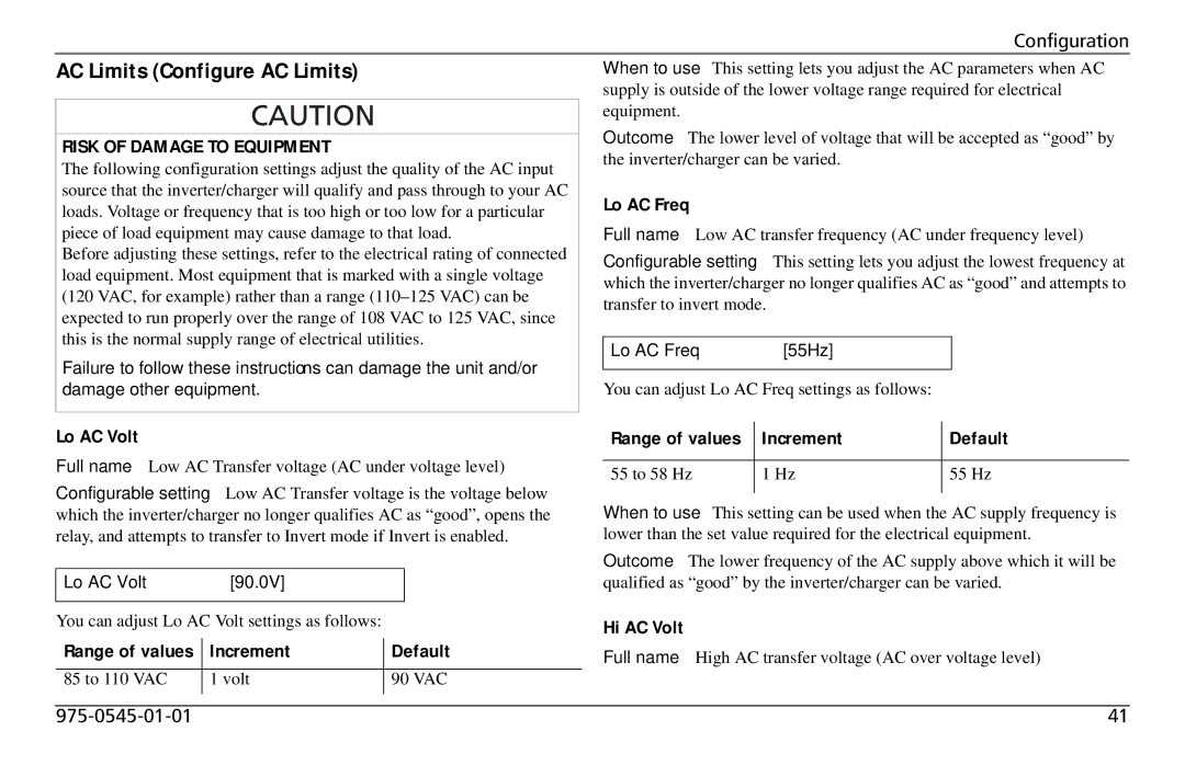 Xantrex Technology SW 3000 user service AC Limits Configure AC Limits, Risk of Damage to Equipment 