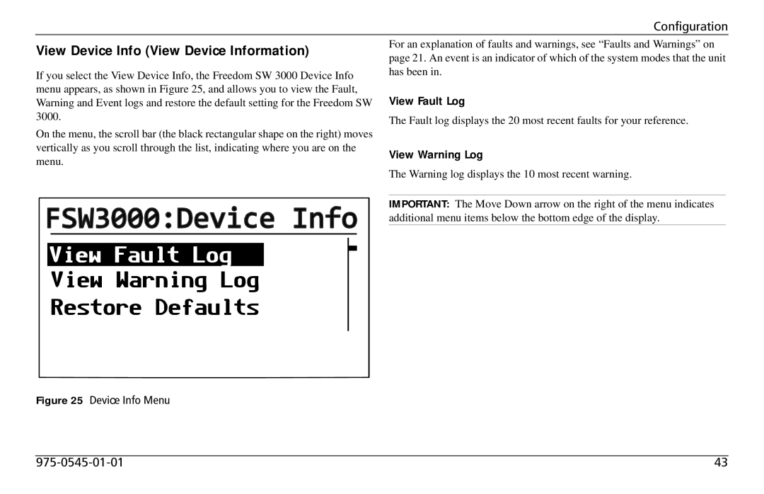 Xantrex Technology SW 3000 user service View Device Info View Device Information, View Fault Log, View Warning Log 