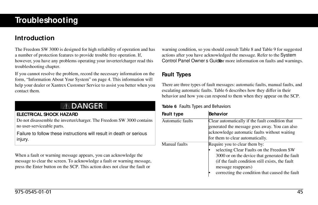 Xantrex Technology SW 3000 user service Troubleshooting, Introduction, Fault Types, Fault type Behavior 