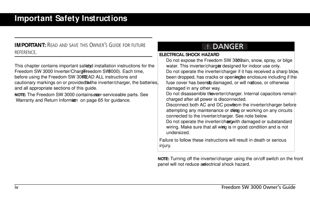 Xantrex Technology SW 3000 user service Important Safety Instructions, Electrical Shock Hazard 