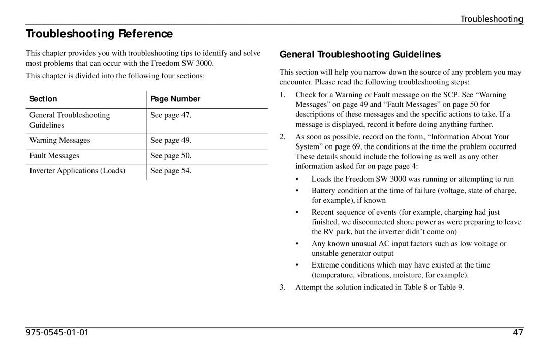 Xantrex Technology SW 3000 user service Troubleshooting Reference, General Troubleshooting Guidelines, Section Number 