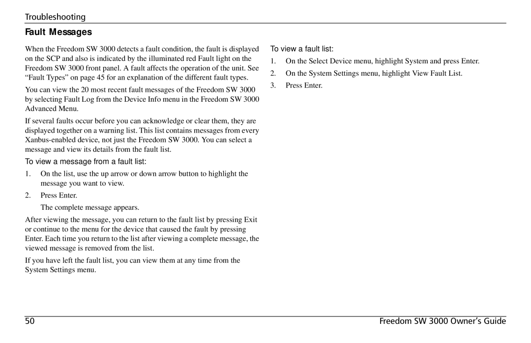 Xantrex Technology SW 3000 user service Fault Messages, To view a message from a fault list 