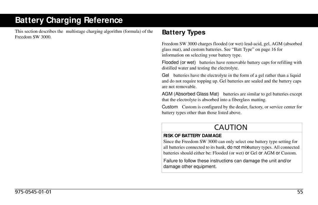 Xantrex Technology SW 3000 user service Battery Charging Reference, Battery Types, Risk of Battery Damage 