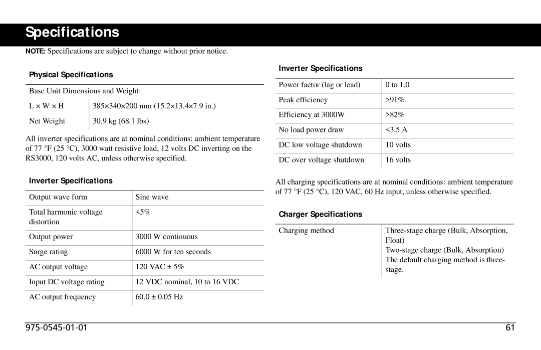 Xantrex Technology SW 3000 user service Physical Specifications, Inverter Specifications, Charger Specifications 