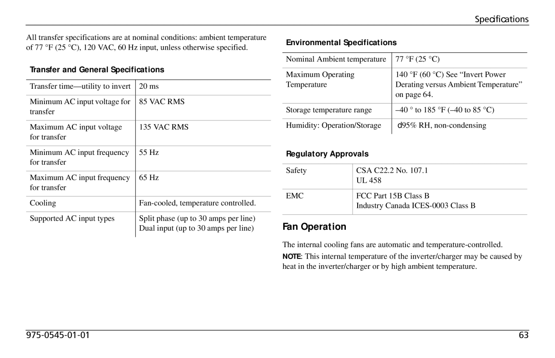 Xantrex Technology SW 3000 user service Fan Operation, Transfer and General Specifications, Environmental Specifications 