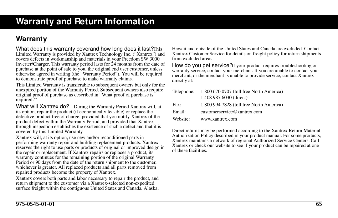 Xantrex Technology SW 3000 user service Warranty and Return Information 