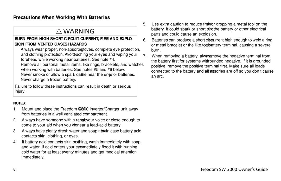 Xantrex Technology SW 3000 user service Precautions When Working With Batteries 