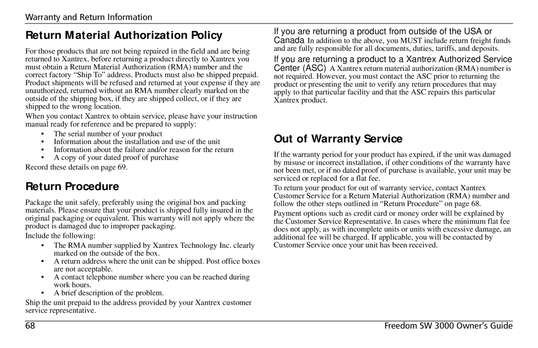 Xantrex Technology SW 3000 user service Return Material Authorization Policy, Return Procedure, Out of Warranty Service 