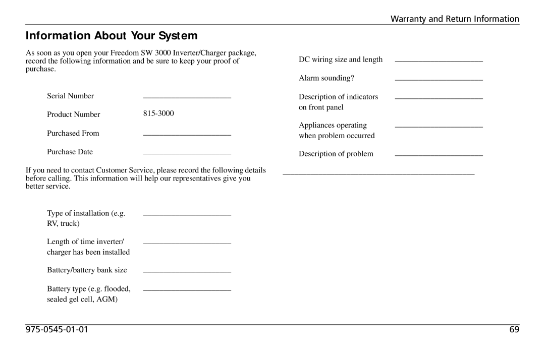 Xantrex Technology SW 3000 user service Information About Your System 