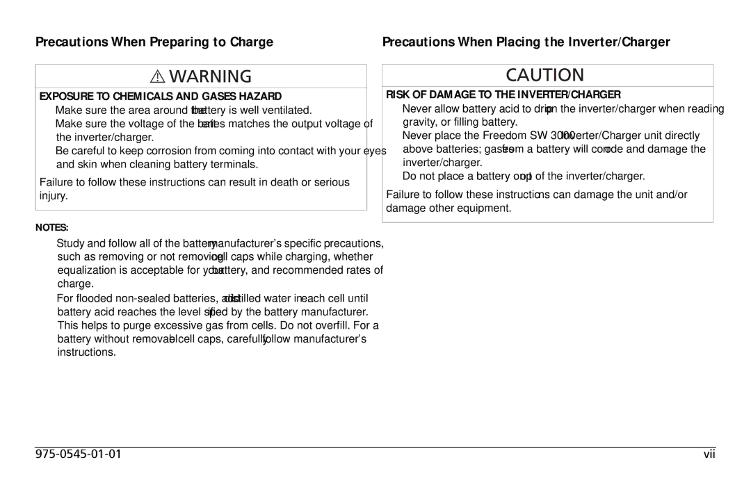 Xantrex Technology SW 3000 user service Precautions When Preparing to Charge, Precautions When Placing the Inverter/Charger 